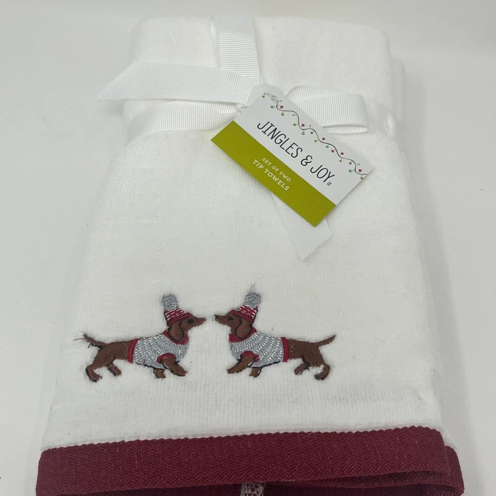 Jingles & Joy Set of 2 Tip Towels Holiday Christmas Dachshund Dog Embroidered
